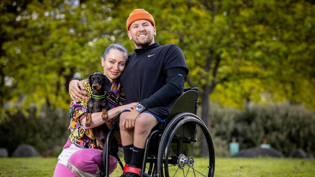 On Thursday, Alcott, pictured with his girlfriend Chantelle Otten, will retire after eight years at the top of his game. Picture: Jake Nowakowski