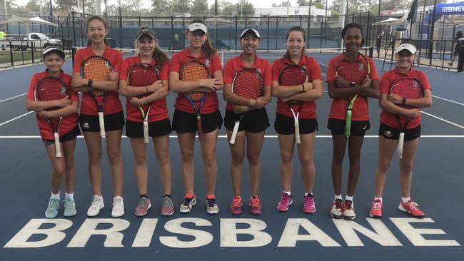 Kelvin Grove State High School tennis players Nicola Schoeman, Lara Smith, Jade Liebenberg, Sydney Stone, Javiera Castro, Martine Carroll, Lily Taylor, Ella Pittendreigh.