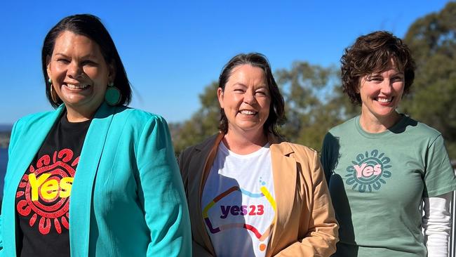 Senator Dorinda Cox, left, Brand MP Madeleine King and Curtin MP Kate Chaney at a Yes campaign event in Perth.