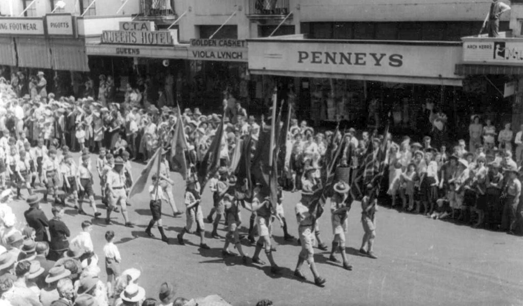 AA- Scouts marching in Ruthven St. Carnival of Flowers- c 19. The Way We Were. History Toowoomba. Toowoomba postcards . The photos of Middle Ridge and many of Toowoomba were taken by Gordon Thomas when he was sixteen. He took them with a Box Brownie camera and developed them himself.