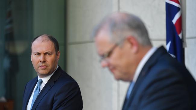 Treasurer Josh Frydenberg and Prime Minister Scott Morrison announce the government's $130b wage subsidy package.