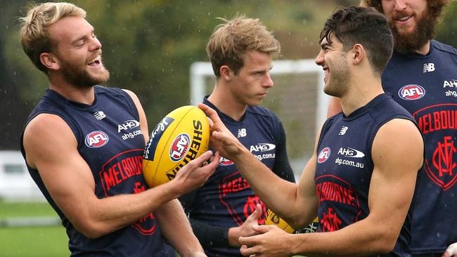 Jack Watts and Christian Petracca share a laugh. Picture: Wayne Ludbey