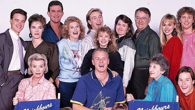 Some of the original cast members of the iconic soap including actor Stefan Dennis with Fiona Corke, Paul Keane, Anne Charleston, Jason Donovan, Kylie Minogue, Lisa Armytage, Ian Smith, Annie Jones, Craig McLachlan, (front l-r) Anne Haddy, Kristian Schmidt, Alan Dale, Katie Landers, Vivean Gray and Guy Pearce. 1980s /TV/programs/Titles/Neighbours