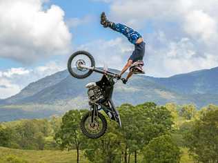 LEAPING ABOVE: Gympie rider Zac Mackenzie airbourne will performing one of his jumps. Picture: Joe Sheppard