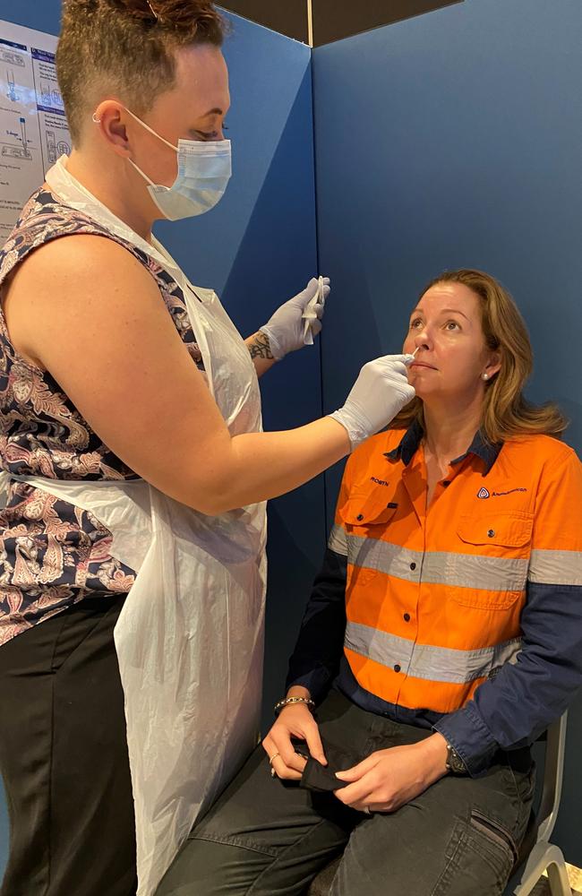 Anglo American’s Dawson Mine operations manager Robyn Ryan undergoes a rapid antigen test.