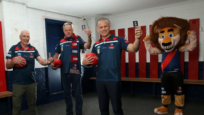 Coburg legends Kerin Lawson, Brad Nimmo, Nick Carnell and Captain Coburg are urging fans to sign up. Picture: Hamish Blair