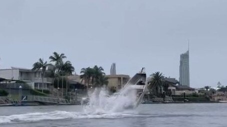 Screen shot from social media of dangerous stunts being performed on Gold Coast waterways with the Q1 in the background. Picture: Supplied