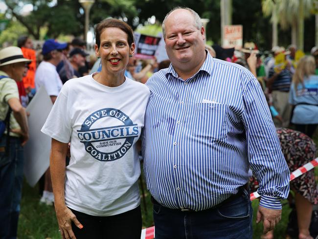 Carolyn Corrigan with North Sydney councillor and Jeff Morris at a Save Our Councils Coalition rally in Hyde Park. Picture: Braden Fastier