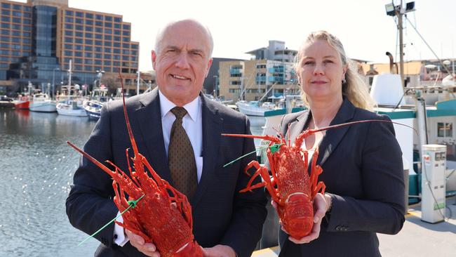 Minister for Business, Industry and Resources Eric Abetz and Tasmanian Rock Lobster Fishermen’s Association CEO Kylie Cahill with rock lobsters in Hobart on Friday, September 27, 2024.