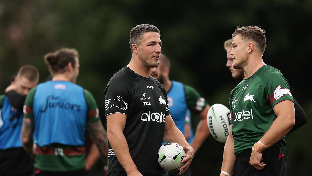 SYDNEY, AUSTRALIA - MARCH 09: Sam Burgess talks to players during a South Sydney Rabbitohs NRL training session at Redfern Oval on March 09, 2020 in Sydney, Australia. (Photo by Mark Metcalfe/Getty Images)