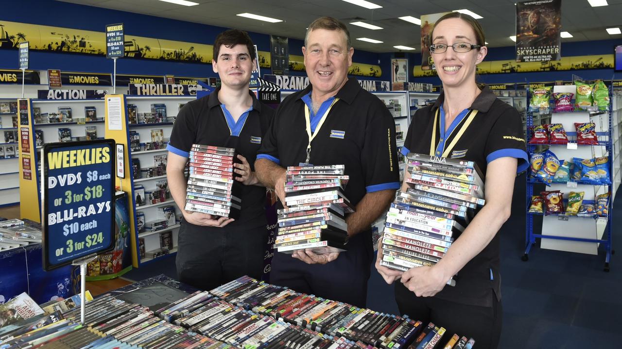 Blockbuster Video at Westridge Shopping Centre will close in mid January. From left; Jackson Franey (staff member), Kirk Penfold (franchisee) and Mel Carr (general manager). December 2018