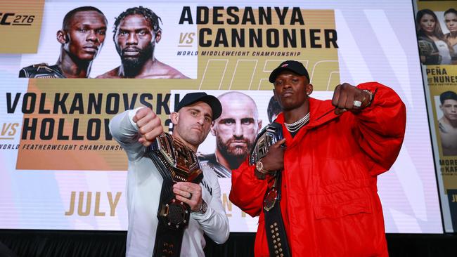 Volkanosvki and Adesanya at Sydney’s The Star press conference. Picture: Justin Lloyd