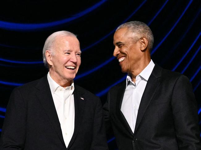 Joe Biden and former US President Barack Obama attend a campaign fundraiser at the Peacock Theater in Los Angeles in June. Picture: AFP