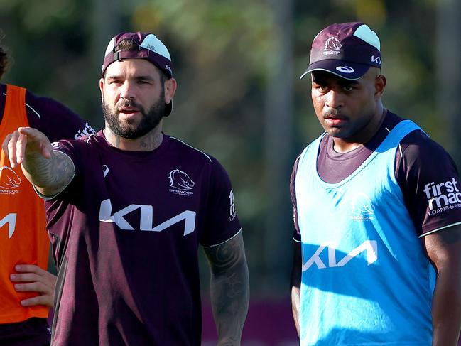 ONE TIME WEB USE FOR NEWS.COM.AU ONLY - FEES APPLY -  Adam Reynolds (left) and Ezra Mam (right) participate in NRL Broncos training at Clive Berghofer Centre in Brisbane, Tuesday, January 7, 2025. (AAP Image/Pat Hoelscher) NO ARCHIVING