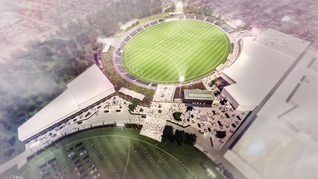 Preliminary concept designs for the Adelaide Football Club headquarters at Thebarton Oval. Credit: City Collective