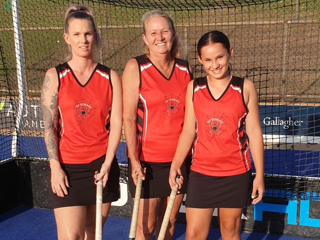 Three generations of the Miller and Casimiro families will be in action when the Darwin Hockey League grand finals are decided this week. From left, Shana Casimiro, Viki Miller and Niesha Casimiro.