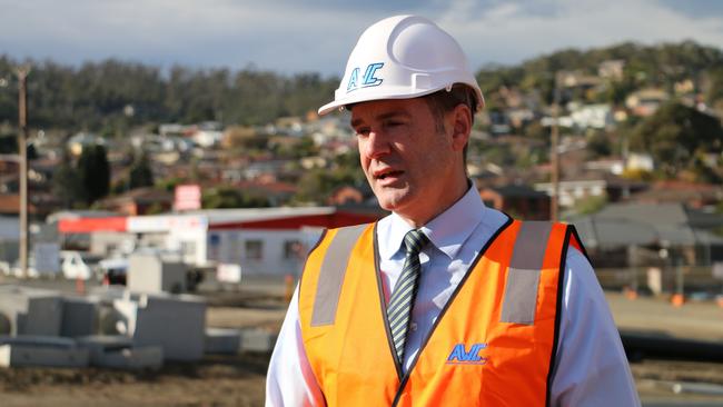 Minister for Infrastructure and Transport Michael Ferguson speaks to the media at road works on the East Derwent Highway at Geilston Bay on Tuesday, August 10, 2021.