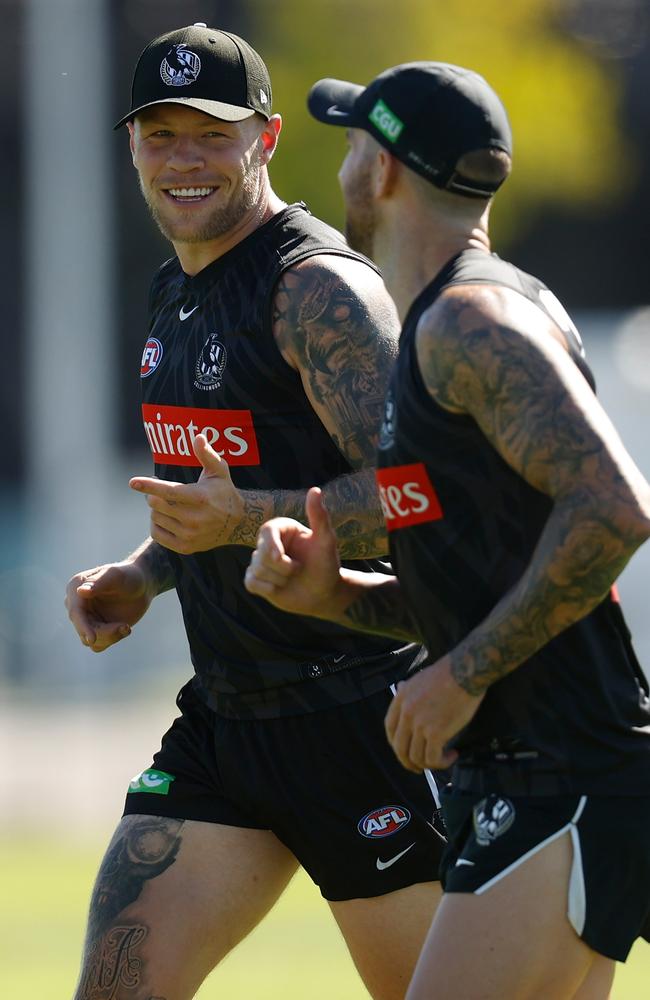 Jordan De Goey, left, at a Collingwood training session at Olympic Park Oval on January 21. Picture: Getty Images