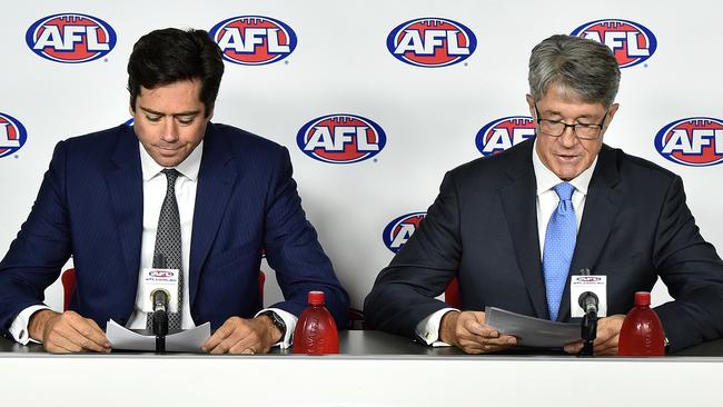 Former AFL CEO Gillon McLachlan and Chairman Mike Fitzpatrick speak to the media in 2016 after WADA suspended 34 past and present Essendon AFL players.
