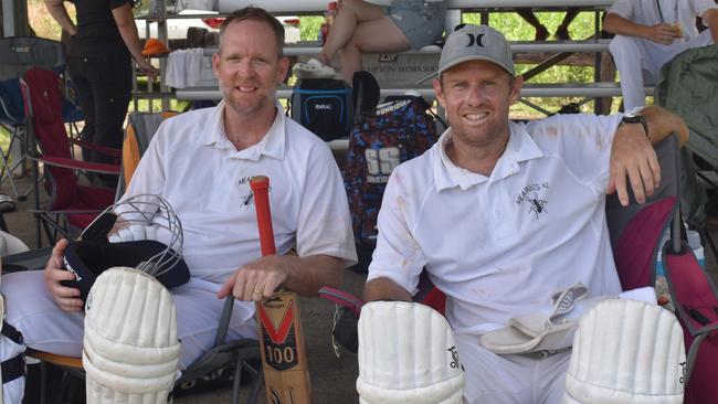 Meatants XI players Matt Manning and Bob Cox at Rockhampton Cricketâ€™s Country Carnival on January 25, 2025.