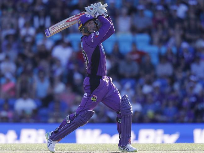 George Bailey lofts the ball for six over the long-off boundary. Picture: AAP