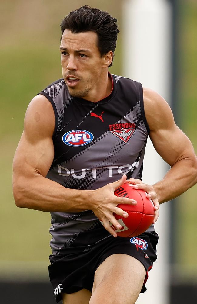 Dylan Shiel starred off half-back in Essendon match simulation. Picture: Michael Willson/AFL Photos via Getty Images