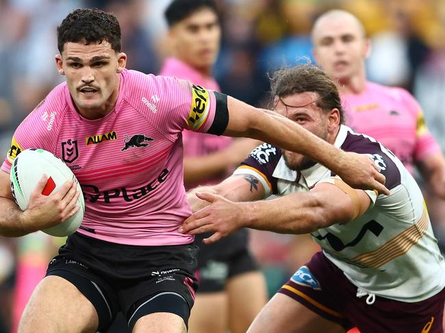 BRISBANE, AUSTRALIA - MAY 04: Nathan Cleary of the Panthers is tackled during the round nine NRL match between the Penrith Panthers and Brisbane Broncos at Suncorp Stadium on May 04, 2025, in Brisbane, Australia. (Photo by Chris Hyde/Getty Images)