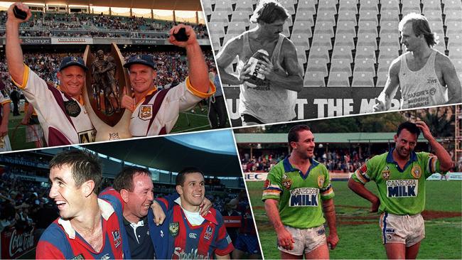 Halves combinations for the ages: (Clockwise from top left) Brisbane's Kevin Walters and Allan Langer, Parramatta's Brett Kenny and Peter Sterling, Canberra's Ricky Stuart and Laurie Daley, and Newcastle's Andrew and Matthew Johns.