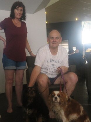 Scott and Karen Sharwood at Port Panthers evacuation centre. Picture: Daniel Mills