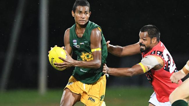 First year Saint Joseph Salmon's foot speed and tackling pressure have made him an important player at the club. Picture: Felicity Elliott/AFLNT