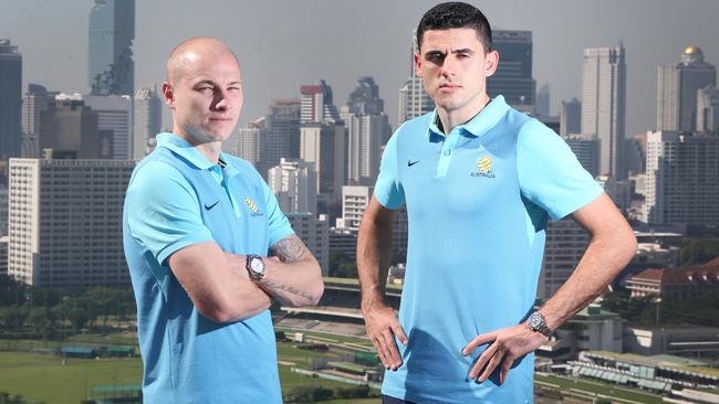 Aaron Mooy and Tom Rogic on the roof of the Grand Hyatt in Bangkok. Picture: Jono Searle.