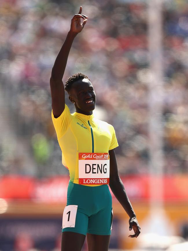 Joseph Deng waves to his fans before the 800m heats yesterday. Photo: Getty Images