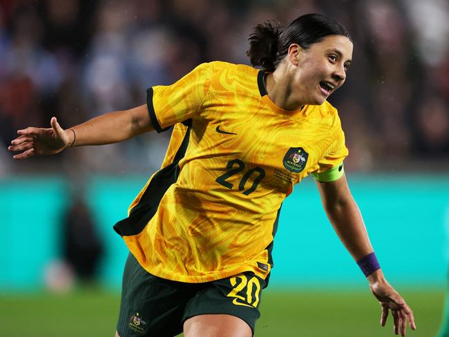 Sam Kerr celebrates after scoring during the Women's International Friendly match between England and Australia in England. Picture: Ryan Pierse/Getty Images