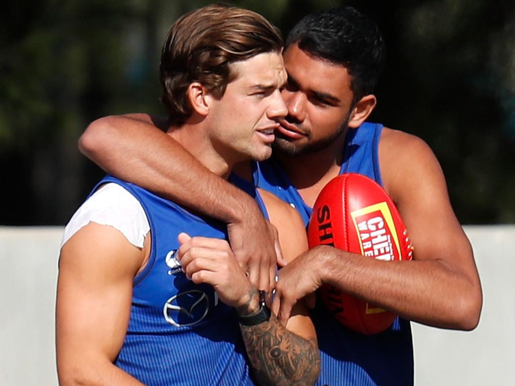 Jy Simpkin (left) and Tarryn Thomas enjoy day one of pre-season training.