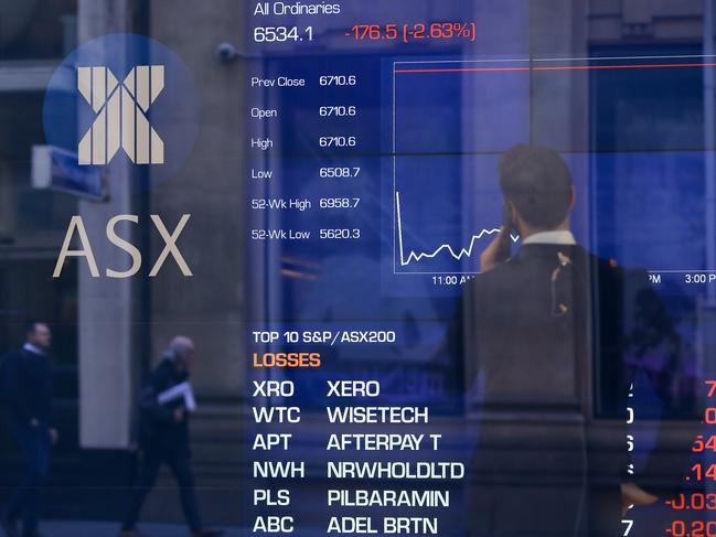 Pedestrians are reflected in a window with an indicator board displaying stock prices at the Australian Stock Exchange (ASX) in Sydney, Tuesday, August 6, 2019. (AAP Image/Steven Saphore) NO ARCHIVING