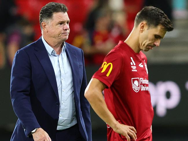 ADELAIDE, AUSTRALIA - FEBRUARY 15: Carl Veart United coach and Isaias of Adelaide United reacts after the 1-2 loss during the round 19 A-League Men match between Adelaide United and Newcastle Jets at Coopers Stadium, on February 15, 2025, in Adelaide, Australia. (Photo by Sarah Reed/Getty Images)