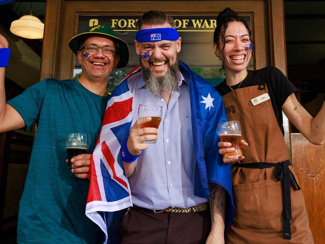 Daily Telegraph. 03, December, 2024.(Story-Fortune of War pub to have happy Oz Day celebration)Tommy Slatter, Neil Jones and Judy Chute, at the Fortune of War, The Rocks, today.Picture: Justin Lloyd.