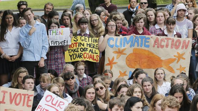 Students from Tasmania walk out of school to protest inaction on climate change. Picture: Mathew Farrel