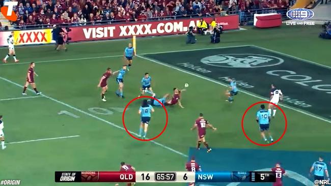 Aaron Woods and Andrew Fifita were both out of position as Queensland scored the decisive try. Lazy defence. Pic: Channel 9