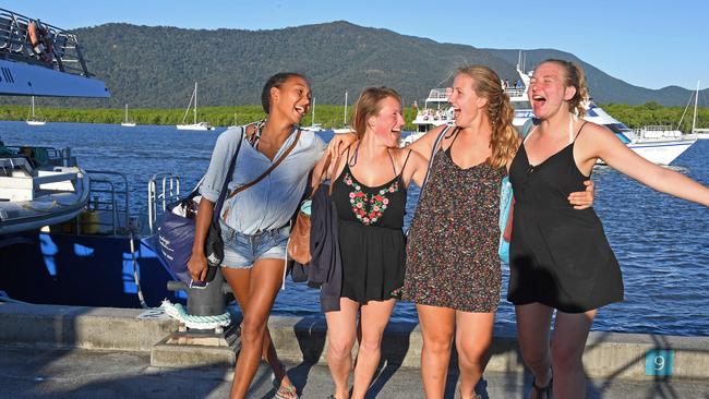 Ex Cairns to The Australian,   26.04.2018Funding for Great Barrier Reef -  PICS by  BRIAN CASSEY , story German tourists  Lucia Marrala, Carolin Tagscherer, Josephine Loeffler and Marie Schuett arrive back in Cairns from their reef cruise day trip to the Great Barrier Reef.Pic - Brian Cassey