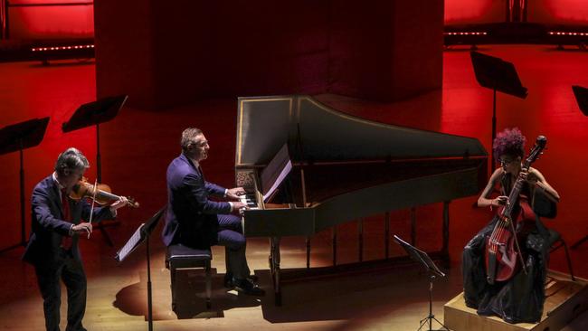 Cuban viola da gamba player Lixsania Fernandez with Matt Bruce and ABO artistic director Paul Dyer. Picture: Steven Godbee