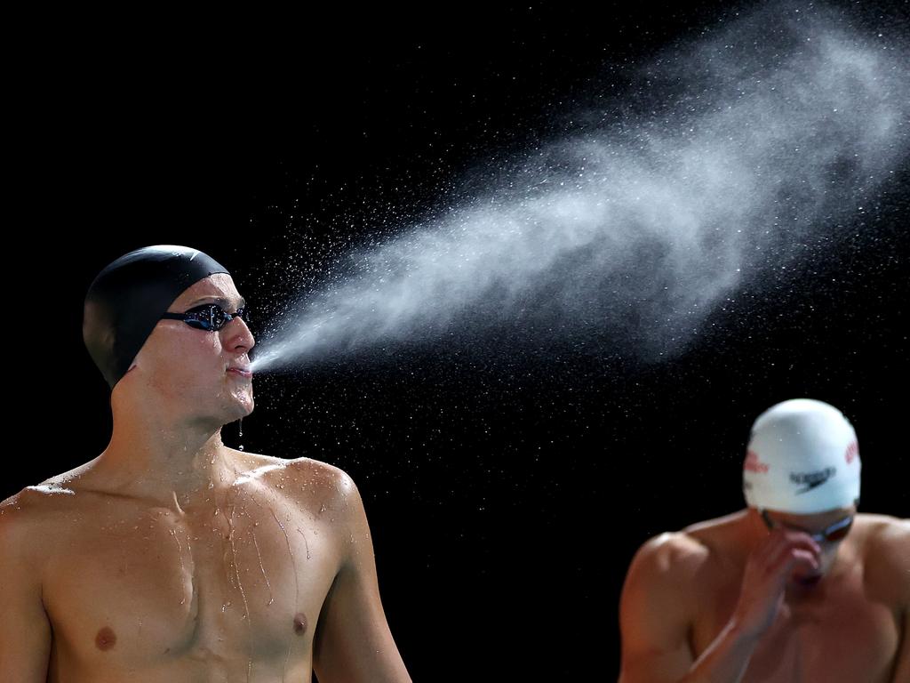 He’s ready for Paris! Flynn Southam, left, at the Australian swim trials in Brisbane last month. Picture: Getty Images