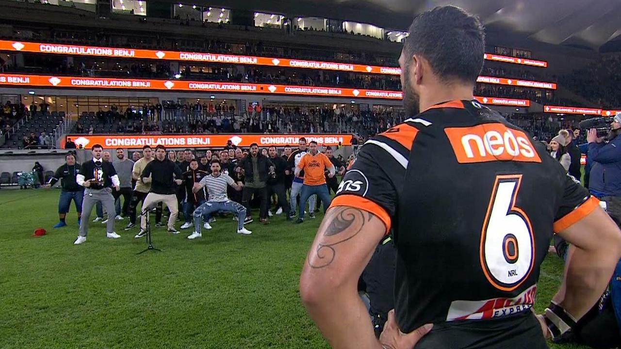 Benji Marshall was surprised by a touching tribute haka from his family.