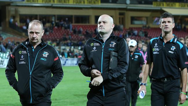 Coach Ken Hinkley, Power football boss, Chris Davies and assistant coach Nathan Bassett. Picture: Sarah Reed