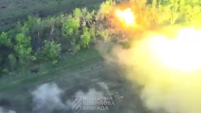 Drone footage shared by Ukraine shows tanks destroying Russian positions in Bakhmut. Picture: Telegram