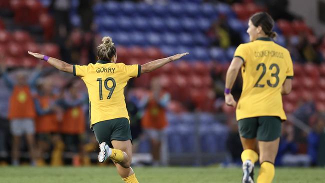 Matildas midfielder Katrina Gorry celebrates scoring against Jamaica. Picture: Cameron Spencer/Getty Images