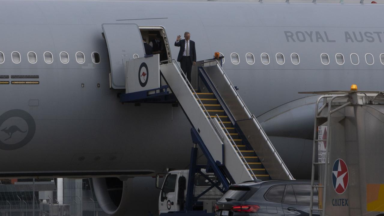 Mr Albanese about to board the RAAF jet for the Quad meeting in Japan. Picture: NCA NewsWire / Andrew Taylor