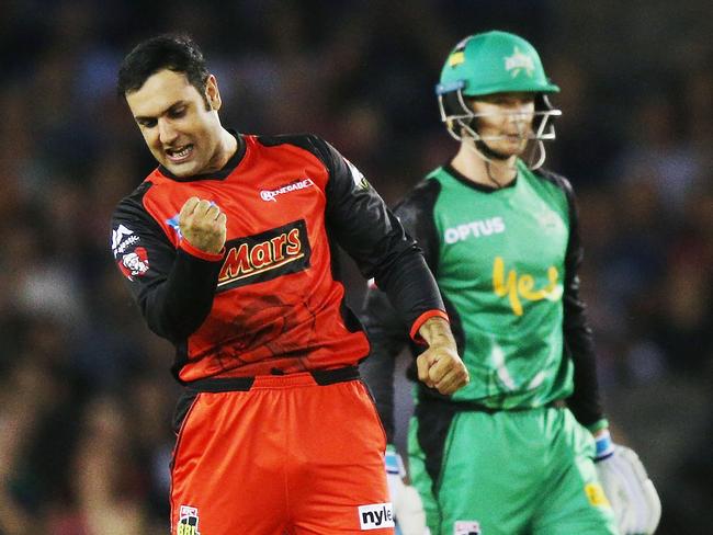 MELBOURNE, AUSTRALIA - JANUARY 12:  Mohammad Nabi of the Renegades celebrates the wicket of Ben Dunk of the Stars during the Big Bash League match between the Melbourne Renegades and the Melbourne Stars  at Etihad Stadium on January 12, 2018 in Melbourne, Australia.  (Photo by Michael Dodge/Getty Images)