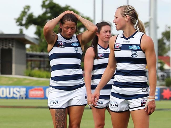 PERTH, AUSTRALIA - MARCH 15: The Cats leave the field after their defeat during the 2021 AFLW Round 07 match between the West Coast Eagles and the Geelong Cats at Mineral Resources Park on March 15, 2021 in Perth, Australia. (Photo by Will Russell/AFL Photos via Getty Images)