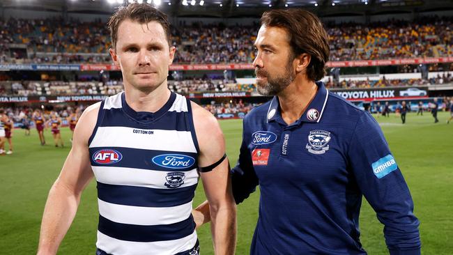 Patrick Dangerfield and coach Chris Scott after the preliminary final win over Brisbane. Picture: Michael Willson/AFL Photos